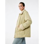Dik Yaka Uzun Kollu Fermuarlı Cepli İçi Peluş Astarlı Anorak Mont