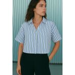 Dikey Çizgili Kısa Kollu Crop Gömlek - Koyu Mavi