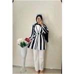 DİLEKBUTİK Lacivert beyaz çizgili yazlık kimono