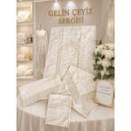Dilex Lüks Kadife 4 Parça Seccade Seti Bohçalı – Nakışlı Gelin Bohçası Seti, Damat Çeyizlik Namaz Seti (Ekru / Gri ) - Beyaz