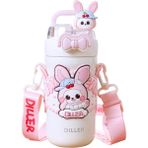 Diller 490ML Yeni Koleksiyon Sevimli Hayvanlar Süslü Pipetli/pipetsiz Boyun Askılı Paslanmaz Çelik Termos - Pembe - 490 ml