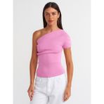 Dilvin 10597 Asimetrik Drapeli Triko Bluz-Pembe - Standart