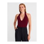 Dilvin 10799 Halter V Yaka Dokulu Triko Bluz-Bordo