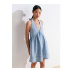 Dilvin 90571 %100 Pamuk Önü Büzgülü Mini Denim Elbise-Mavi