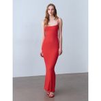 Dilvin 91671 Modal Karışımlı Askılı Uzun Elbise-Kırmızı - 38
