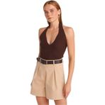 Dilvin Kahverengi Halter V Yaka Dokulu Triko Bluz, Standart, 101A10799, Kahve, Kadın