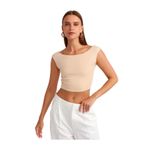 Dilvin Kayık Yaka Crop Top Bluz, 36, 101A20869, Açık Bej, Kadın