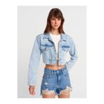 Dilvin Lazer Detaylı Crop Denim Ceket, 40, 101A65377, Mavi, Kadın
