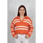 Dilvin Polo Yaka Çizgili Kazak - Standart - Turuncu