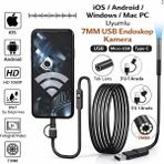Dimute Shop USB Endoskop Kamera 7mm 1080P Hd, LED Işıklı 10M Esnek Kablo, Su Geçirmez Boroskop - 10 metre