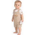 Dinamik çocuk Erkek Bebek Araba Nakışlı Salopet Tulum Takım 3'lü Set (Alttan Çıtçıtlı Badi + Tulum + Çorap) 3-6-9 Ay Pamuklu Ribana Yazlık - Bej - 3 Ay