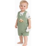 Dinamik çocuk Erkek Bebek Araba Nakışlı Salopet Tulum Takım 3'lü Set (Alttan Çıtçıtlı Badi + Tulum + Çorap) 3-6-9 Ay Pamuklu Ribana Yazlık - Yeşil