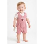 Dinamik çocuk Kız Bebek 3'lü Set Kalpli Nakışlı Ribanalı Salopet Tulum + Kısa Kollu Çıtçıtlı Badi + Beyaz Çorap 3-6-9 Aylık - Lila