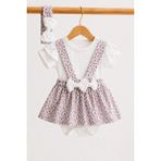Dinamik çocuk Kız Bebek Çiçek Desenli Bandanalı 3lü Takım Kısa Kollu Alttan Çıtçıtlı Body+Ribanalı Salopet Elbise 0-3-6-9-12AYLIK - 6 - 9 Ay - Pembe