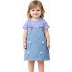 Dinamik çocuk Kız Bebek Kot Görünümlü Esnek Jile 2li Takım Yazlık Elbise Kalp Nakışlı Papatyalı Salopet + Basic Tişört 6-9-12-18-24 Aylık - 9 - 12 Ay - Lila