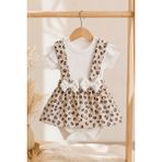 Dinamik çocuk Kız Bebek Leopar Desenli Bandanalı 3lü Takım Kısa Kollu Alttan Çıtçıtlı Body+Ribanalı Salopet Elbise 0-3-6-9-12AYLIK - 3 - 6 Ay - Kahverengi