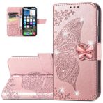 Dinglijia iPhone 16 için Cüzdan Kılıfı (16 Plus için uygun değildir), Kelebek Desenli Suni Deri Kılıf Manyetik Tokalı ve Nakit Kart Yuvaları Tutucu Kılıf iPhone 16 için, Yapay Elmas Pembe Altın