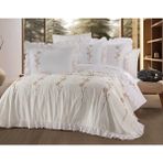 Dionisos Home Tekstil Nakışlı Fırfırlı Gelin Seti - Pamuklu Nevresim Takımı 8 Parça Çift Kişilik-Bej - 200 x 220 cm