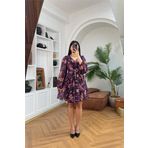 Dip Moda kadın desenli kemer detyalı mini şifon elbise DPMY3585