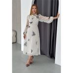 Dip Moda kadın ekru pileli desenli yazlık şifon elbise DPQ006