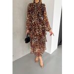 Dip Moda kadın eteği kat kat leopar desenli şifon elbise DPKKLF2036