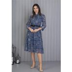 Dip Moda Kadın Indigo Kemerli Omuzları Gipeli Desenli Şifon Elbise APCX04