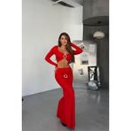 Dip Moda Kadın Kemer Detaylı Drapeli Uzun Etek Bluz Takım DPDF171 - Kırmızı - 38