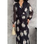 Dip Moda kadın kemerli kruvaze yaka gül desenli şifon elbise DP0113