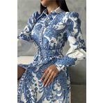 Dip Moda kadın kemerli uzun desenli gömlek elbise DPMS4220