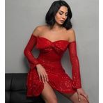Dip Moda kadın kırmızı kayık yaka pul payet mini elbise DPDF128