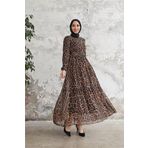 Dip Moda kadın leopar desenli ithal kumaş tesettür şifon elbise SMS028