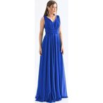 Dip Moda kadın saks mavisi v yaka simli tül abiye elbise DPS9223