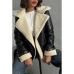 Dip Moda kadın siyah deri içi kıvırcık biker ceket DPG049