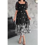 Dip Moda kadın siyah desenli kare yaka şifon elbise DPQ003