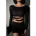 Dip Moda kadın siyah halka detyalı mini pul payet elbise DPDF106