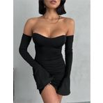 Dip Moda kadın siyah volanlı mini kol fırfırlı elbise DPDF094