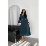 Dip Moda kadın zümrüt yeşil piliseli kemerli şifon elbise DPK3028