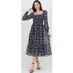 Dip Moda siyah kadın siyah gipeli kare yaka desenli şifon elbise DP100361