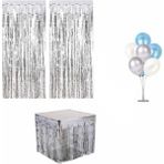Dipak Gümüş Renk Fon Kapı Perdesi / Metalize Masa Eteği / 7'li Balon Standlı Set
