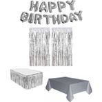 Dipak Gümüş Renk Happy Birthday Folyo Balon / Metalize Perde / Masa Eteği / Masa Örtüsü Parti Seti