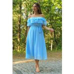 Dipmoda kadın bebe mavisi kuşaklı madonna yaka baby shower elbise DP8060