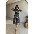 Dipmoda Kadın desenli yakası lastikli şifon elbise NM021