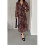Dipmoda Kadın Kemerli Leopar Desenli Midi Şifon Elbise Dpk0113