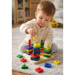 Direkstoktan Ahşap Eğitici Zeka Oyuncağı | Montessori Renkli Geometrik Şekil Dizme ve Eşleştirme Oyunu