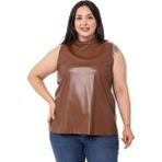 Disentis Modest Büyük Beden Dik Yaka Kolsuz Deri Taba Bluz - 46