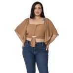 Disentis Modest Büyük Beden Geniş Kollu Beli Lastik Ve Büzgülü Crop Camel Bluz,48
