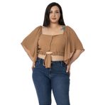 Disentis Modest Büyük Beden Geniş Kollu Beli Lastik Ve Büzgülü Crop Camel Bluz,50