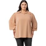 Disentis Modest Büyük Beden Gömlek Yaka Manşetli Yanı Yırtmaçlı Camel Bluz,50