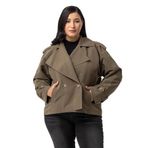 Disentis Modest Büyük Beden Mono Yaka Apoletli Cepli Oversize Astarlı Haki Kısa Trençkot, 46