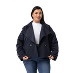 Disentis Modest Büyük Beden Mono Yaka Apoletli Cepli Oversize Astarlı Lacivert Kısa Trençkot, 48
